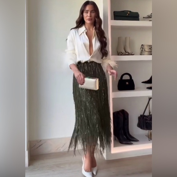 Zara Green Sequin Fringe Midi Skirt
